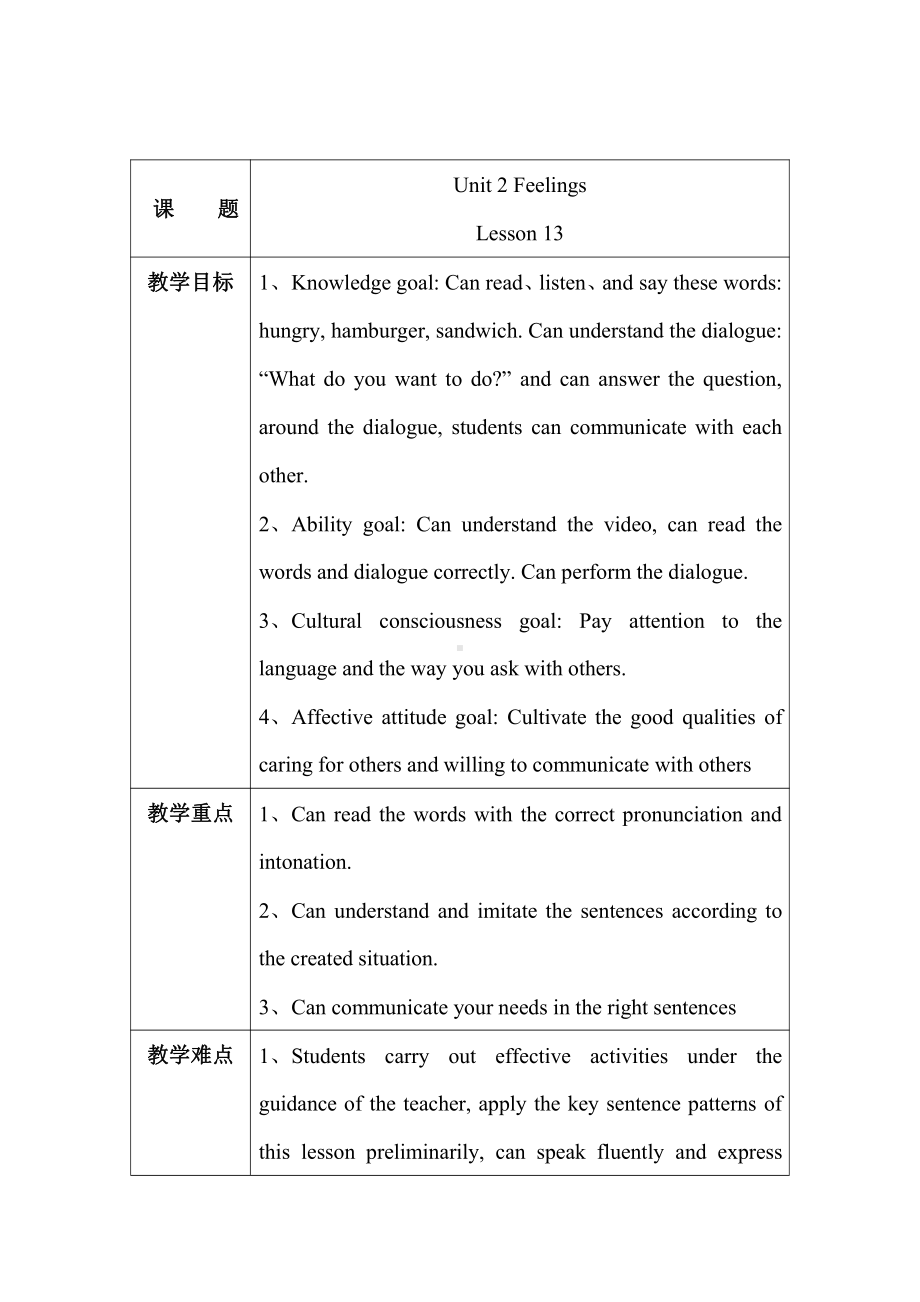 清华版二年级下册UNIT 2FEELINGS-Lesson 13-教案、教学设计--(配套课件编号：431c8).docx_第1页