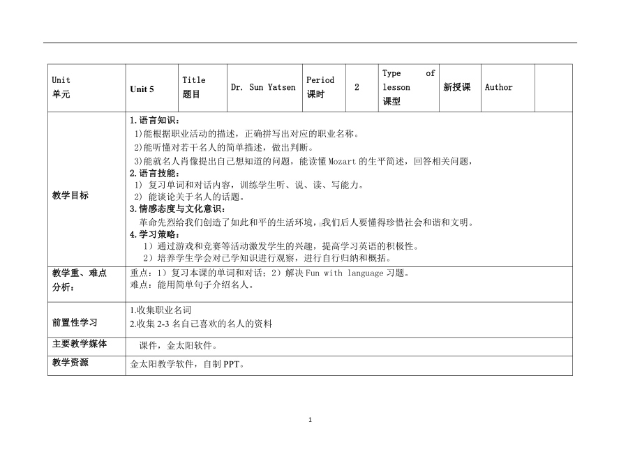 教科版（广州）六下Module 3 Famous people-Unit 5 Dr Sun Yatsen-Fun with language-教案、教学设计--(配套课件编号：00e10).docx_第1页