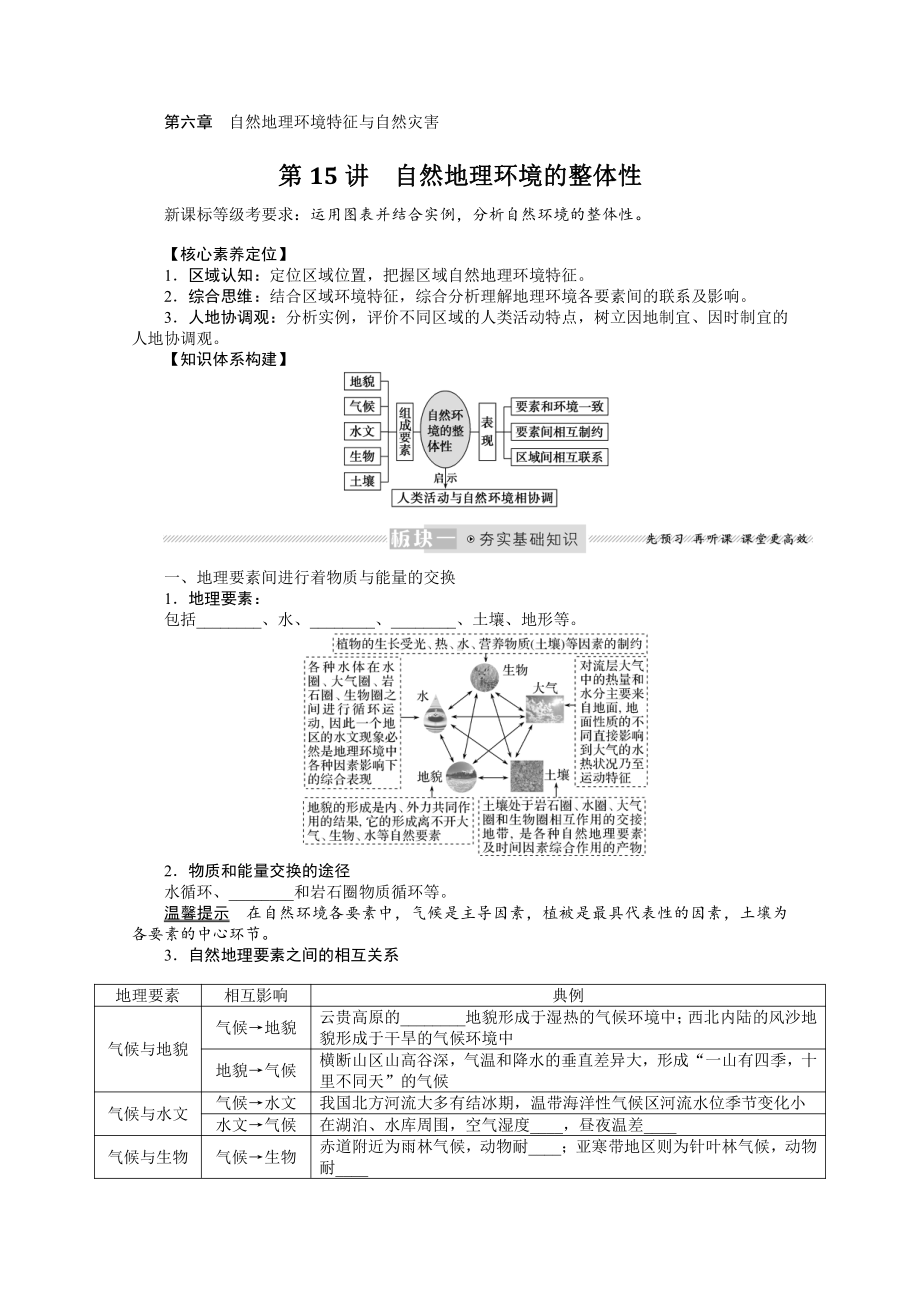 2022届新高考地理人教版一轮复习学案：6.15 自然地理环境的整体性 （含解析）.docx_第1页