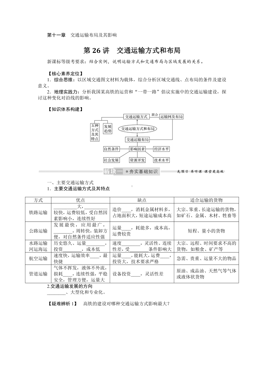 2022届新高考地理人教版一轮复习学案：11.26 交通运输方式和布局 （含解析）.docx_第1页