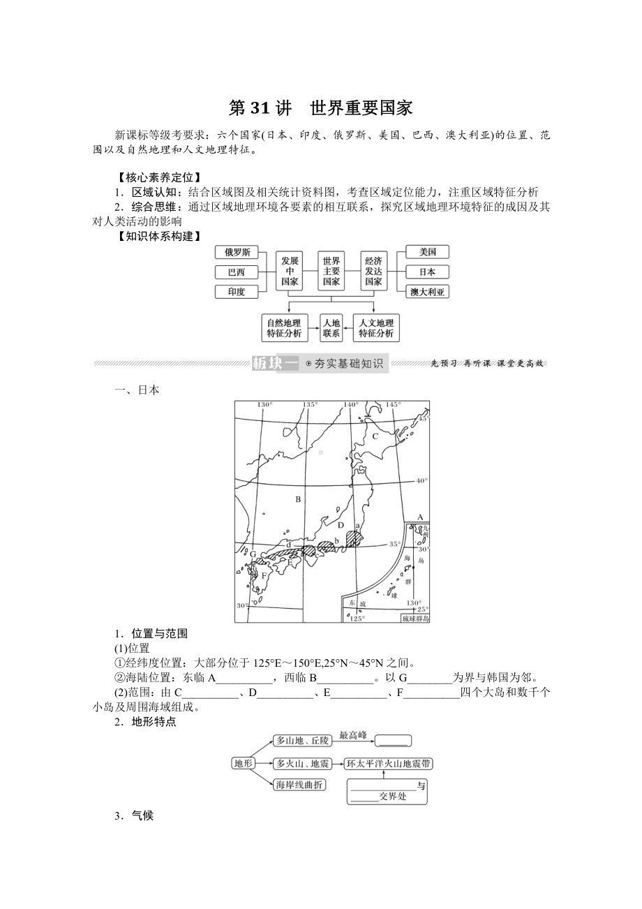 2022届新高考地理人教版一轮复习学案：13.31 世界重要国家 （含解析）.docx_第1页