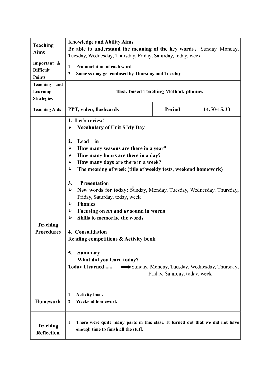 人教版（新起点）二年级下册英语Unit 6 My Week-lesson 1-教案、教学设计--(配套课件编号：409fa).doc_第1页