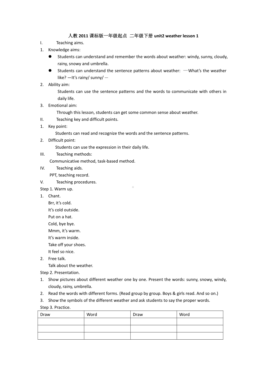 人教版（新起点）二年级下册英语Unit 2 Weather-lesson 1-教案、教学设计-市级优课-(配套课件编号：019f3).docx_第1页