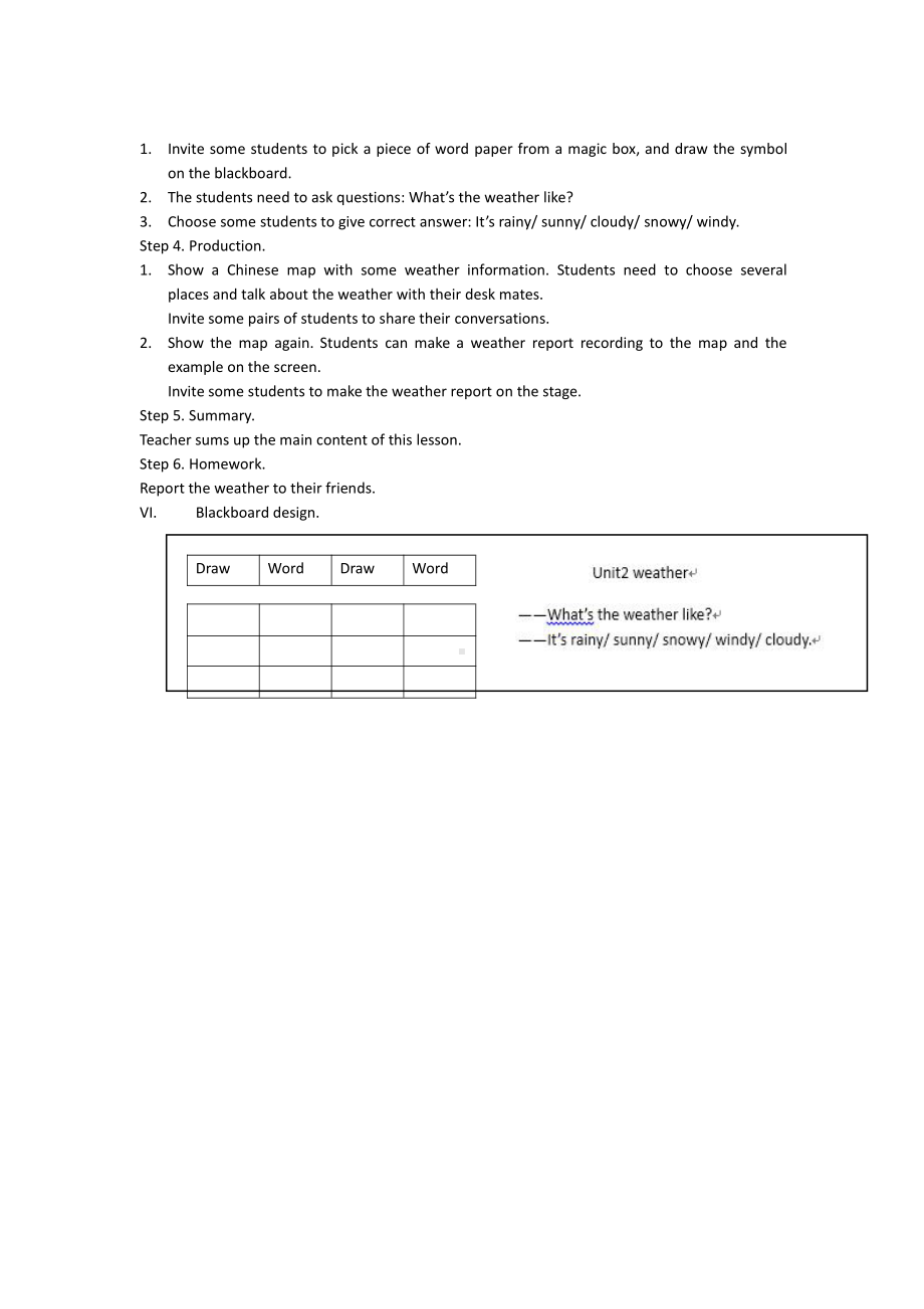 人教版（新起点）二年级下册英语Unit 2 Weather-lesson 1-教案、教学设计-市级优课-(配套课件编号：019f3).docx_第2页