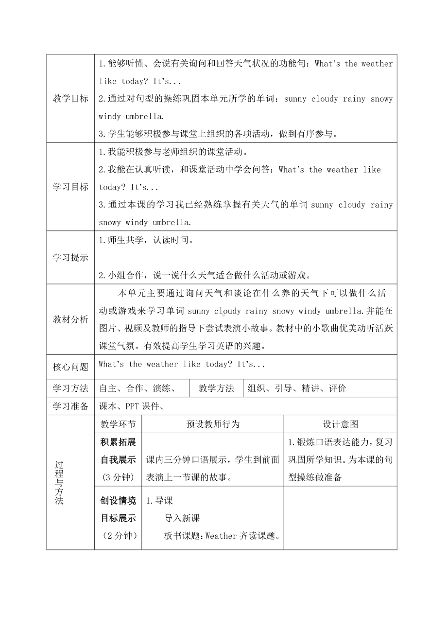 人教版（新起点）二年级下册英语Unit 2 Weather-lesson 2-教案、教学设计-公开课-(配套课件编号：5002c).doc_第1页