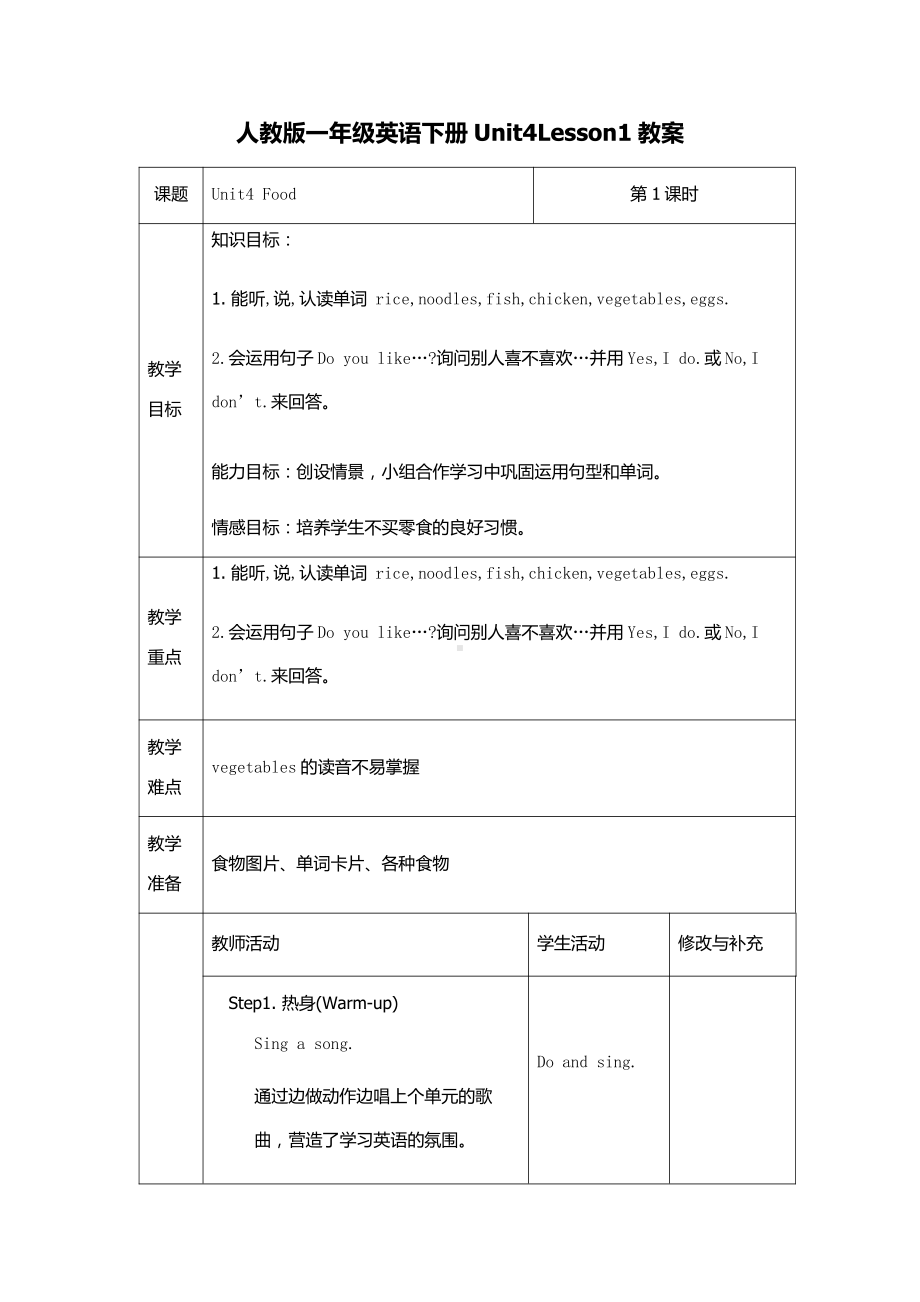 人教版（新起点）一年级下册Unit 4 Food-lesson 1-教案、教学设计-省级优课-(配套课件编号：924d2).docx_第1页