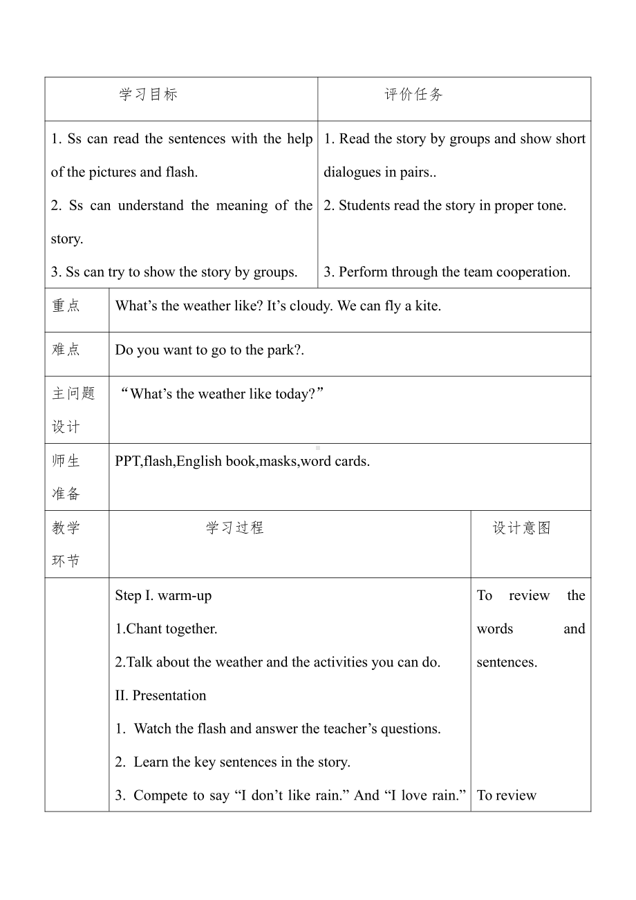 人教版（新起点）二年级下册英语Unit 2 Weather-Story Time-教案、教学设计--(配套课件编号：209d6).doc_第1页