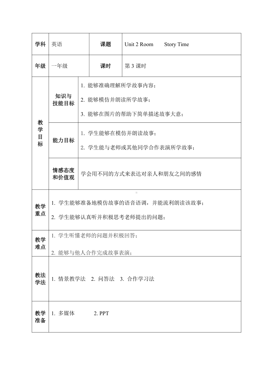 人教版（新起点）一年级下册Unit 2 Room-Story Time-教案、教学设计--(配套课件编号：301a9).docx_第2页