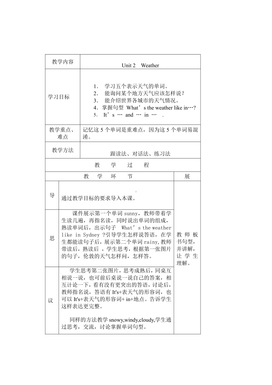 人教版（新起点）二年级下册英语Unit 2 Weather-lesson 2-教案、教学设计--(配套课件编号：d07b0).doc_第1页