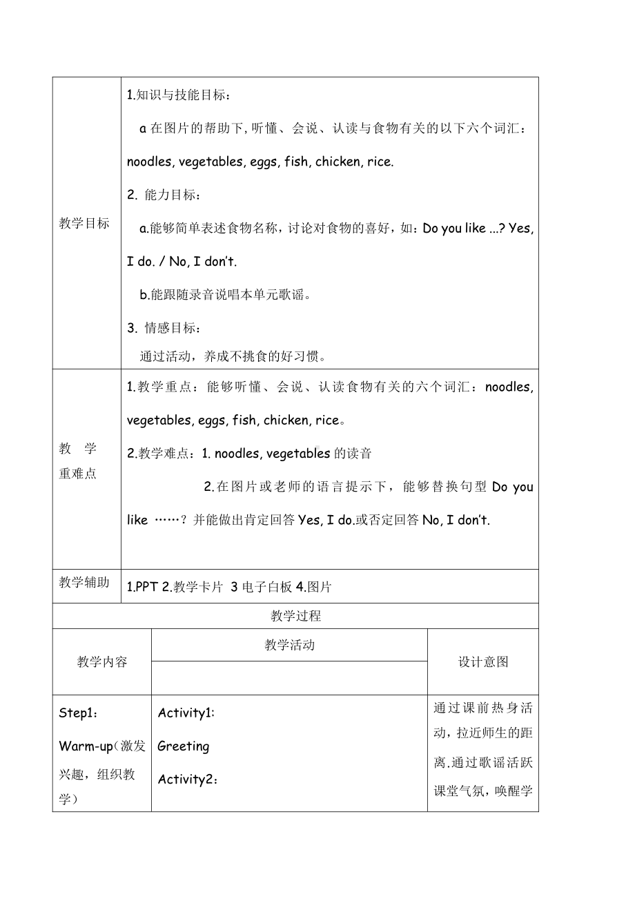 人教版（新起点）一年级下册Unit 4 Food-lesson 3-教案、教学设计--(配套课件编号：9010c).doc_第2页