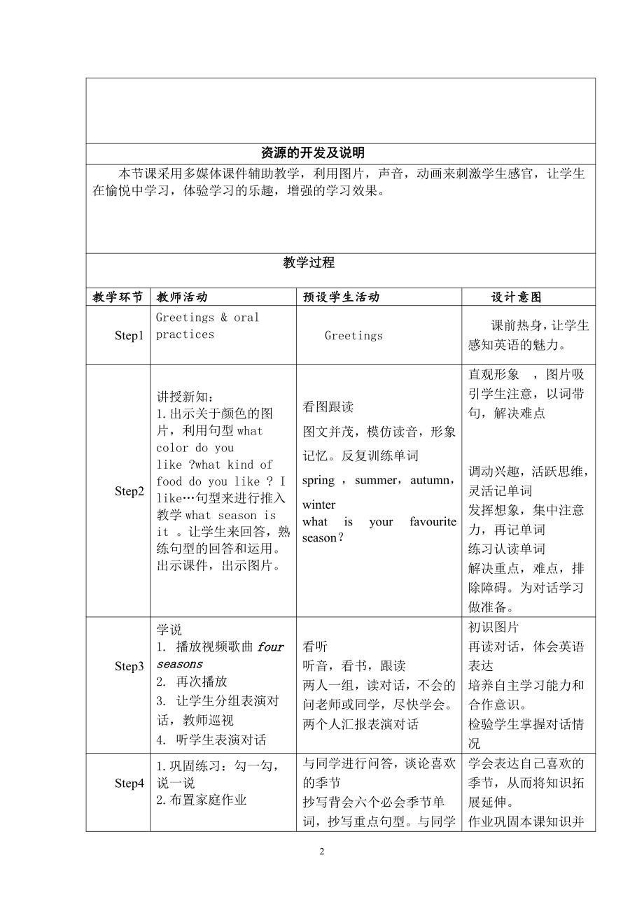 人教版（新起点）二年级下册英语Unit 3 Seasons-lesson 1-教案、教学设计-市级优课-(配套课件编号：000c8).doc_第2页