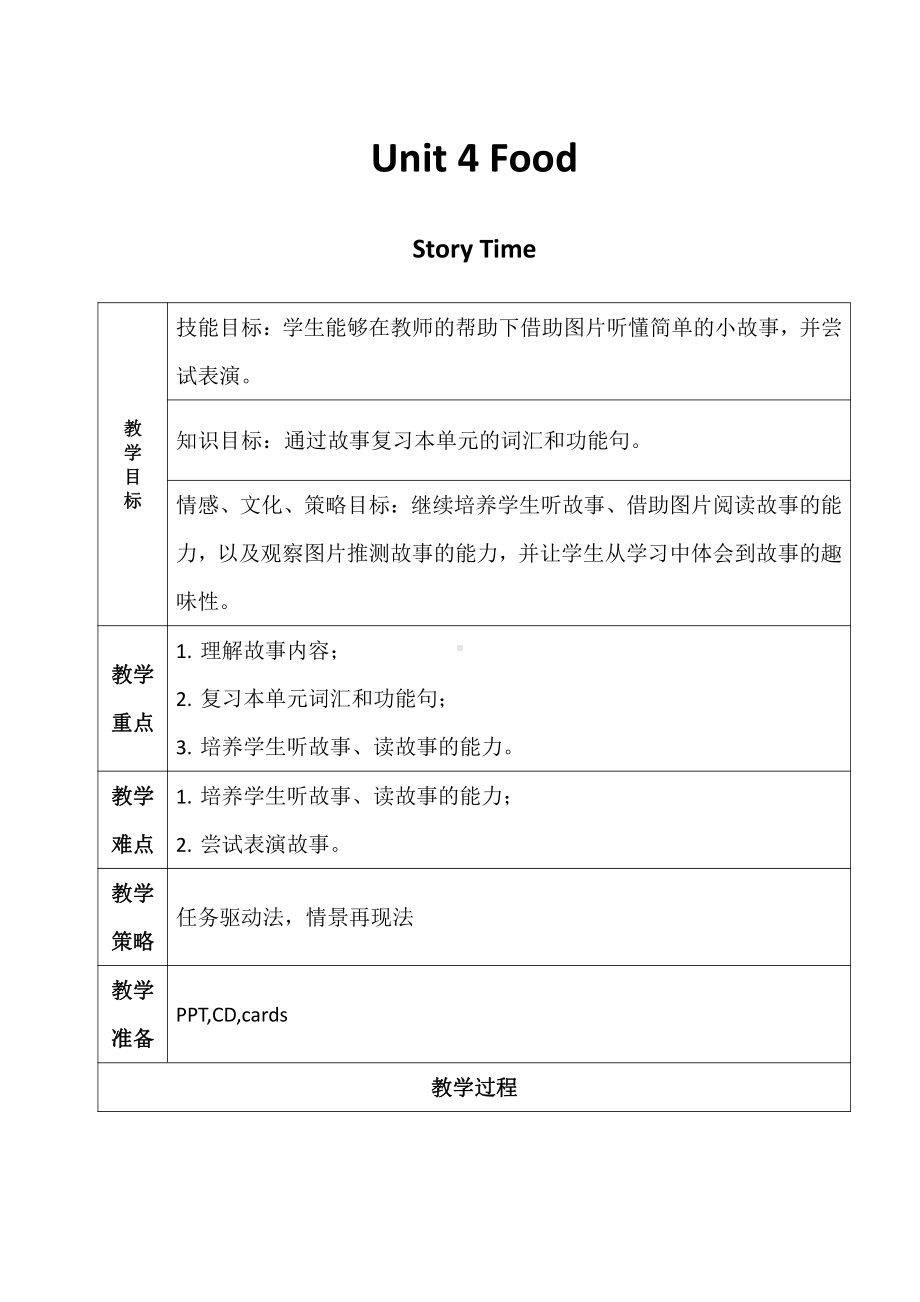 人教版（新起点）一年级下册Unit 4 Food-Story Time-教案、教学设计--(配套课件编号：a0286).docx_第1页