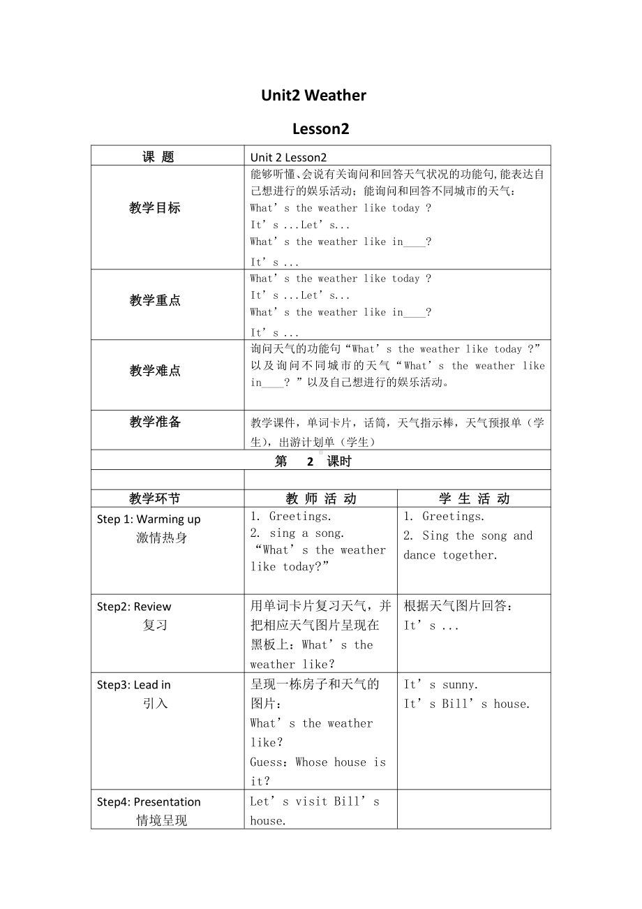 人教版（新起点）二年级下册英语Unit 2 Weather-lesson 2-教案、教学设计--(配套课件编号：a0949).doc_第2页