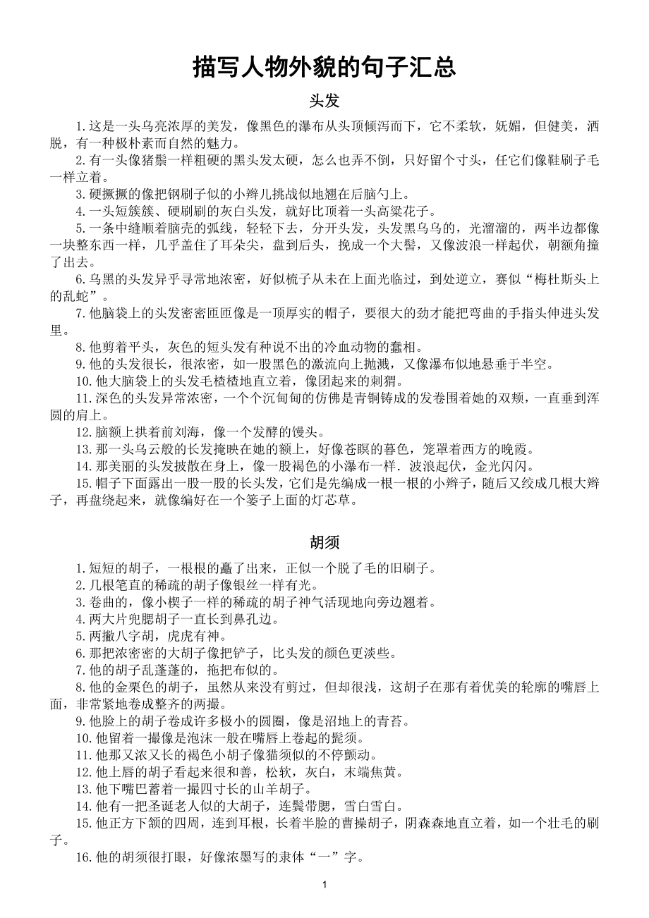 小学语文描写人物外貌的句子汇总（分五个部位共100句记熟了写作文再也不怕词穷了）.doc_第1页