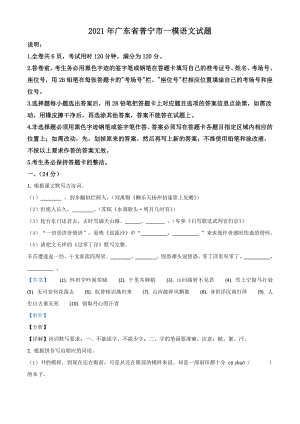 精品解析：2021年广东省普宁市中考一模语文试题（解析版）.doc