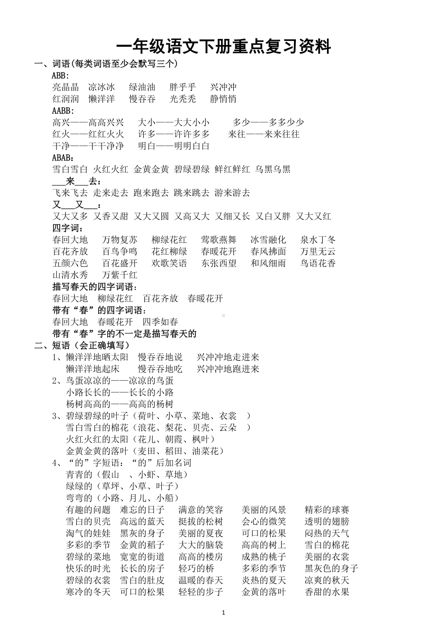 小学语文部编版一年级下册重点字词句古诗日积月累归纳整理（直接打印每生一份复习）.docx_第1页