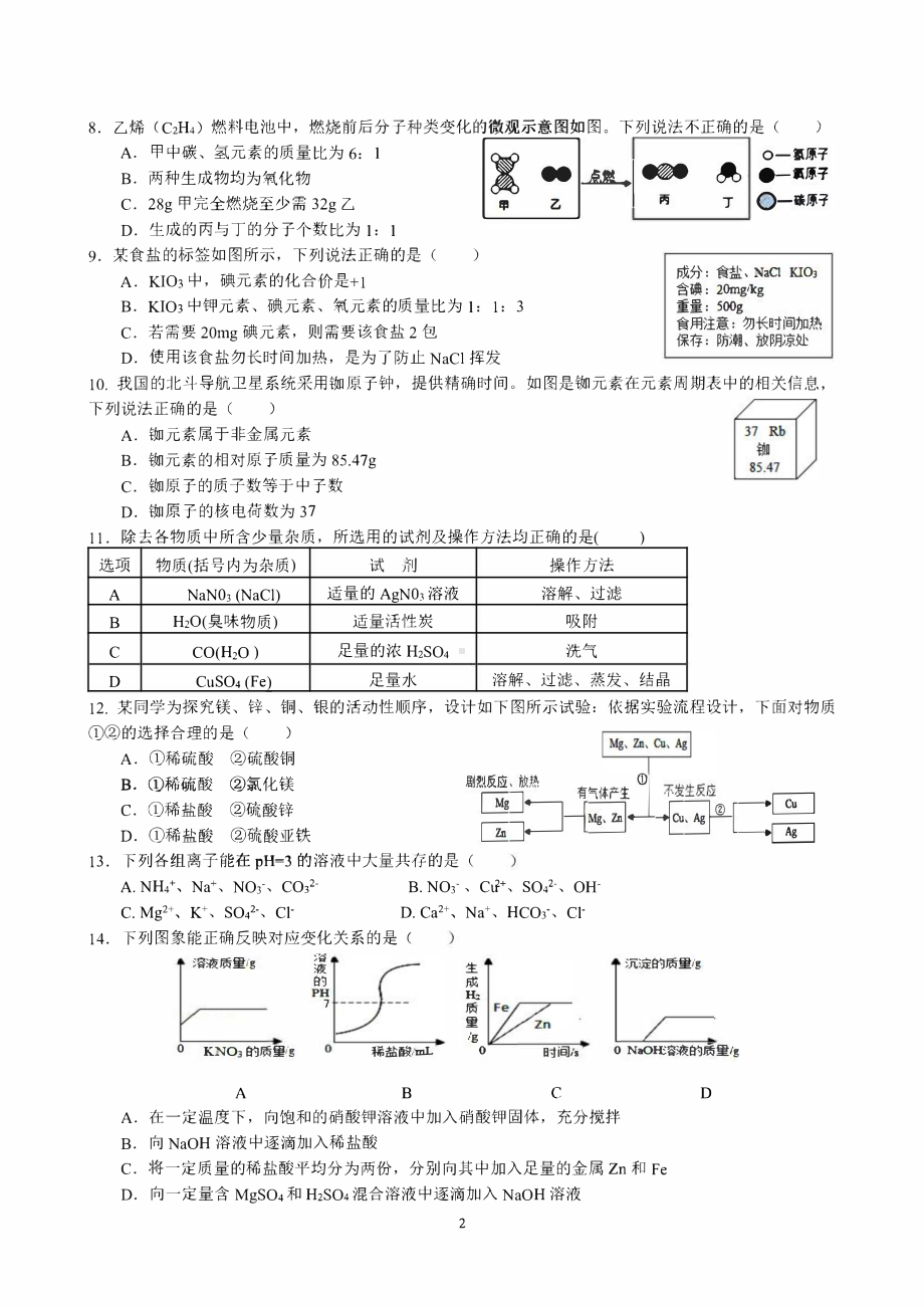 2020盐城射阳初三下学期化学二模试卷.pdf_第2页