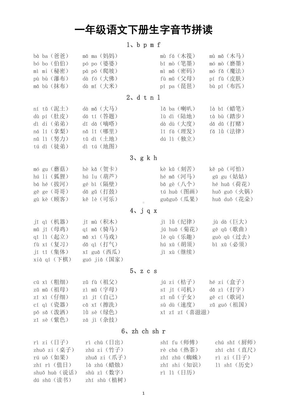 小学语文部编版一年级下册拼读词语训练（基础提升训练）.docx_第1页