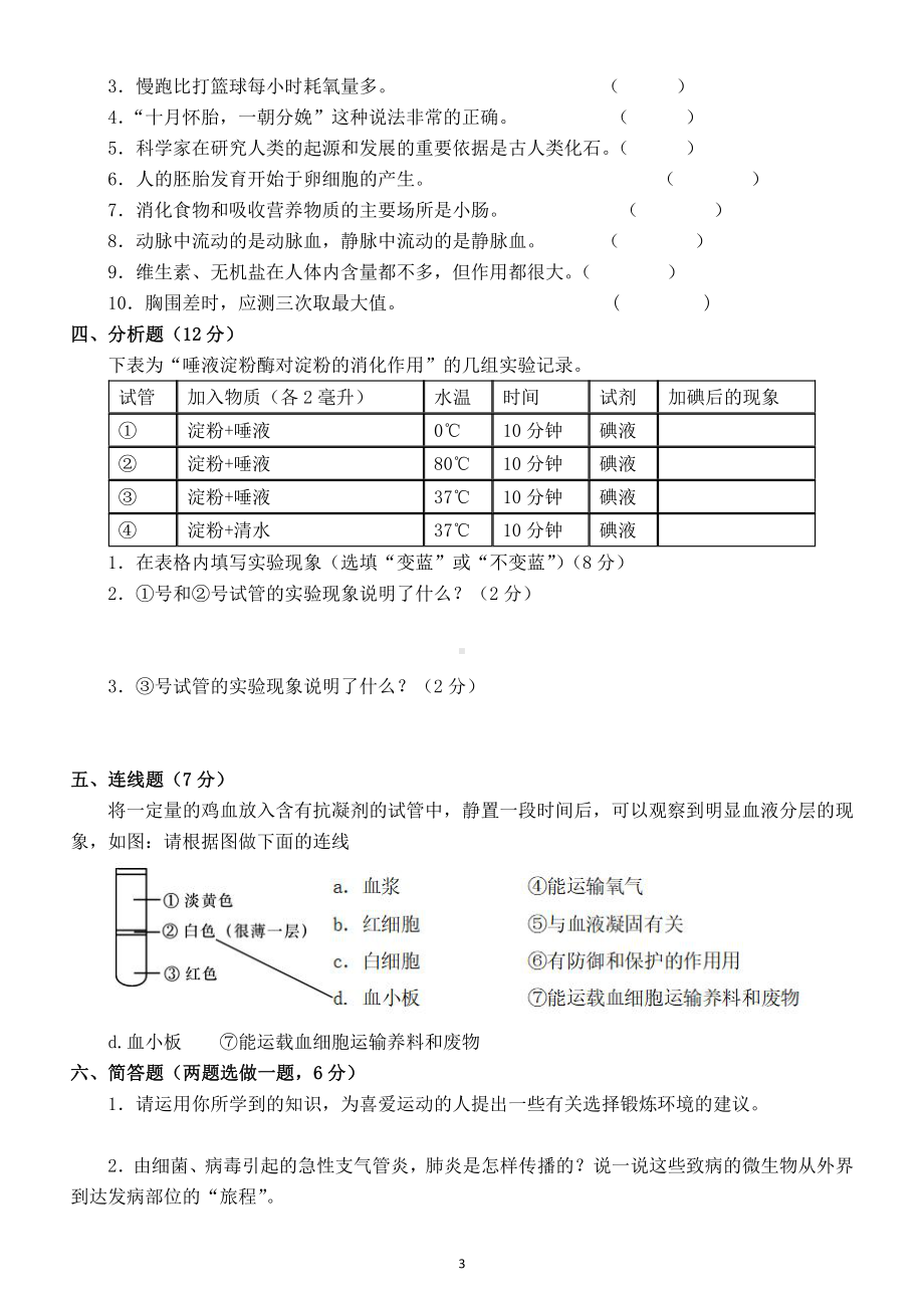 初中生物人教版七年级下期中测试题（附参考答案）.doc_第3页