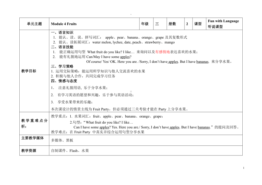 教科版三下Module 4 Fruits-Unit 8 Apples are good for us-Fun with language-教案、教学设计--(配套课件编号：325b5).doc_第1页