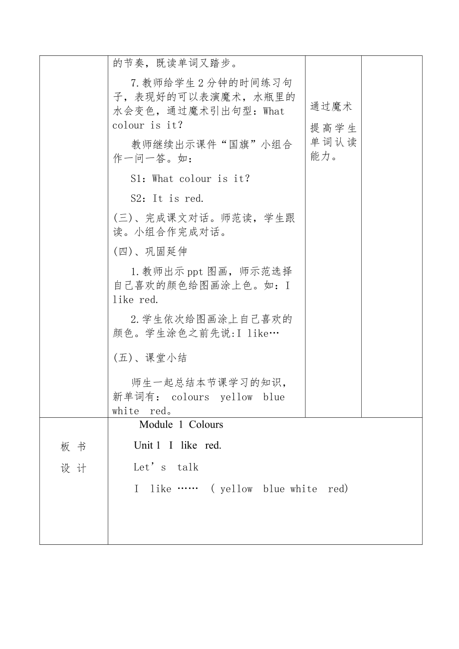 教科版三下Module 1 Colours-Unit 1 I like red-Let's talk-教案、教学设计-部级优课-(配套课件编号：601ec).docx_第3页