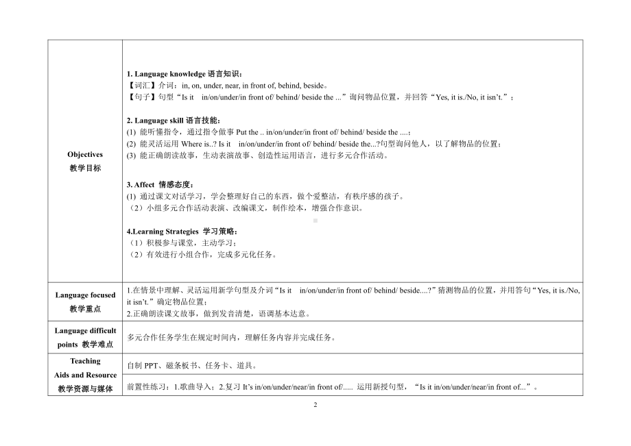 教科版三下Module 2 Positions-Unit 4 Is it in your bag -Story time-教案、教学设计-公开课-(配套课件编号：615a6).doc_第2页