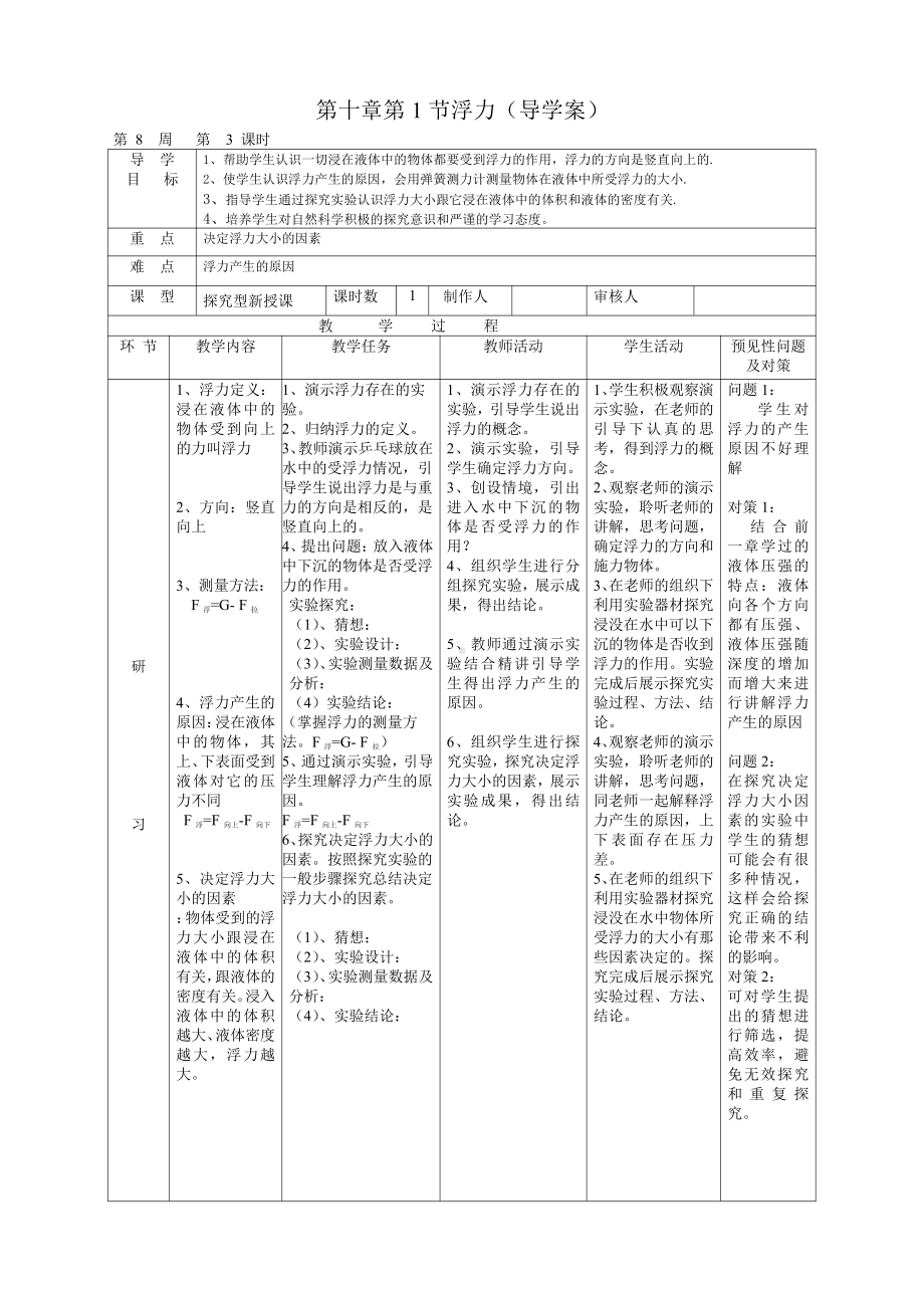 2020-2021学年人教版物理八年级（下册）10.1浮力-导学案(1).docx_第1页