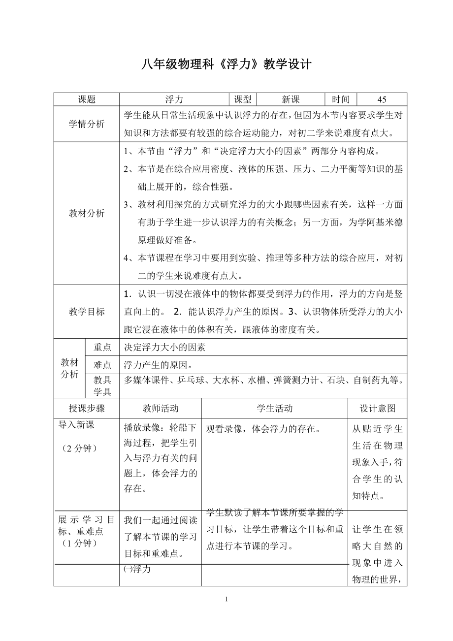 2020-2021学年人教版物理八年级（下册）10.1浮力-教案(15).docx_第1页