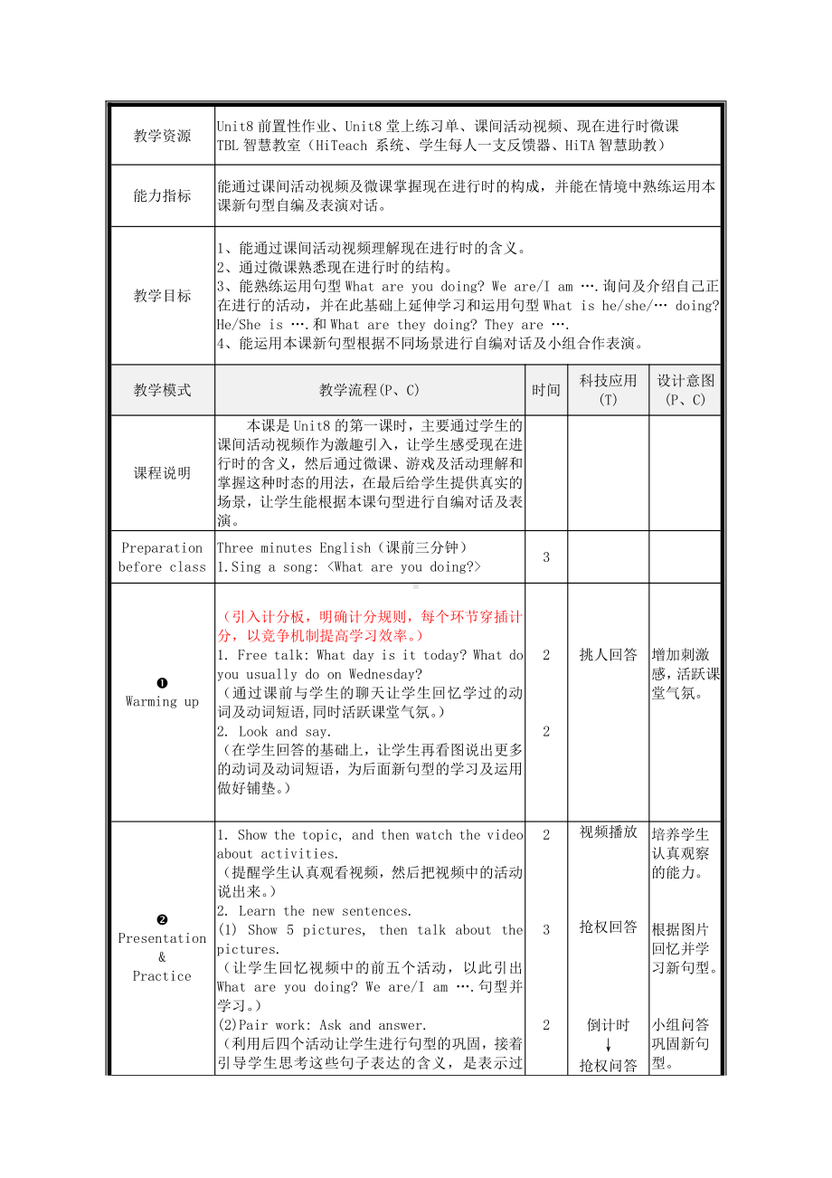 教科版四下-Module 4 Activities-Unit 8 What are you doing -Let's talk-教案、教学设计--(配套课件编号：5019d).doc_第1页