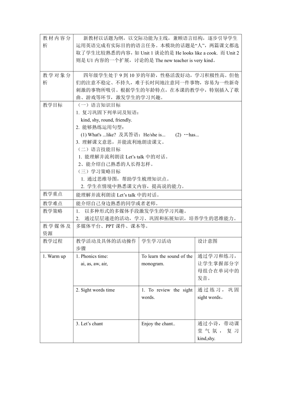 教科版四下-Module 1 People-Unit 2 Unit 2 She is very kind-Let's talk-教案、教学设计-公开课-(配套课件编号：e2fc7).doc_第1页