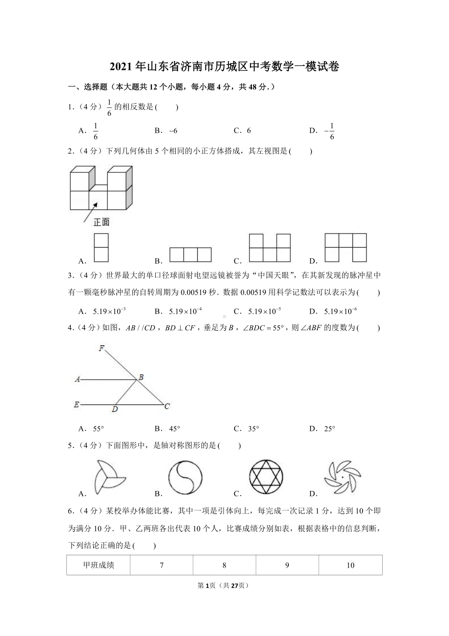 2021年山东省济南市历城区中考数学一模试卷（学生版+解析版）.docx_第1页