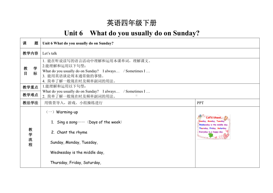 教科版四下-Module 3 Days of the week-Unit 6 What do you usually do on Sunday -Let's talk-教案、教学设计-部级优课-(配套课件编号：0048f).doc_第1页