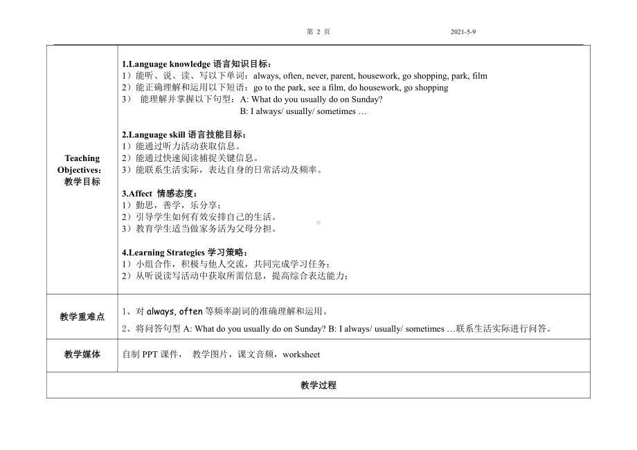 教科版四下-Module 3 Days of the week-Unit 6 What do you usually do on Sunday -Let's talk-教案、教学设计-公开课-(配套课件编号：40249).doc_第2页