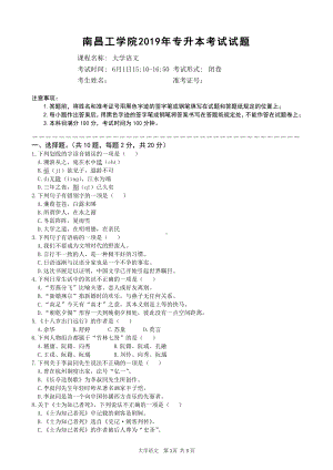 2019年南昌工学院专升本招生考试大学语文D卷（及答案）.doc