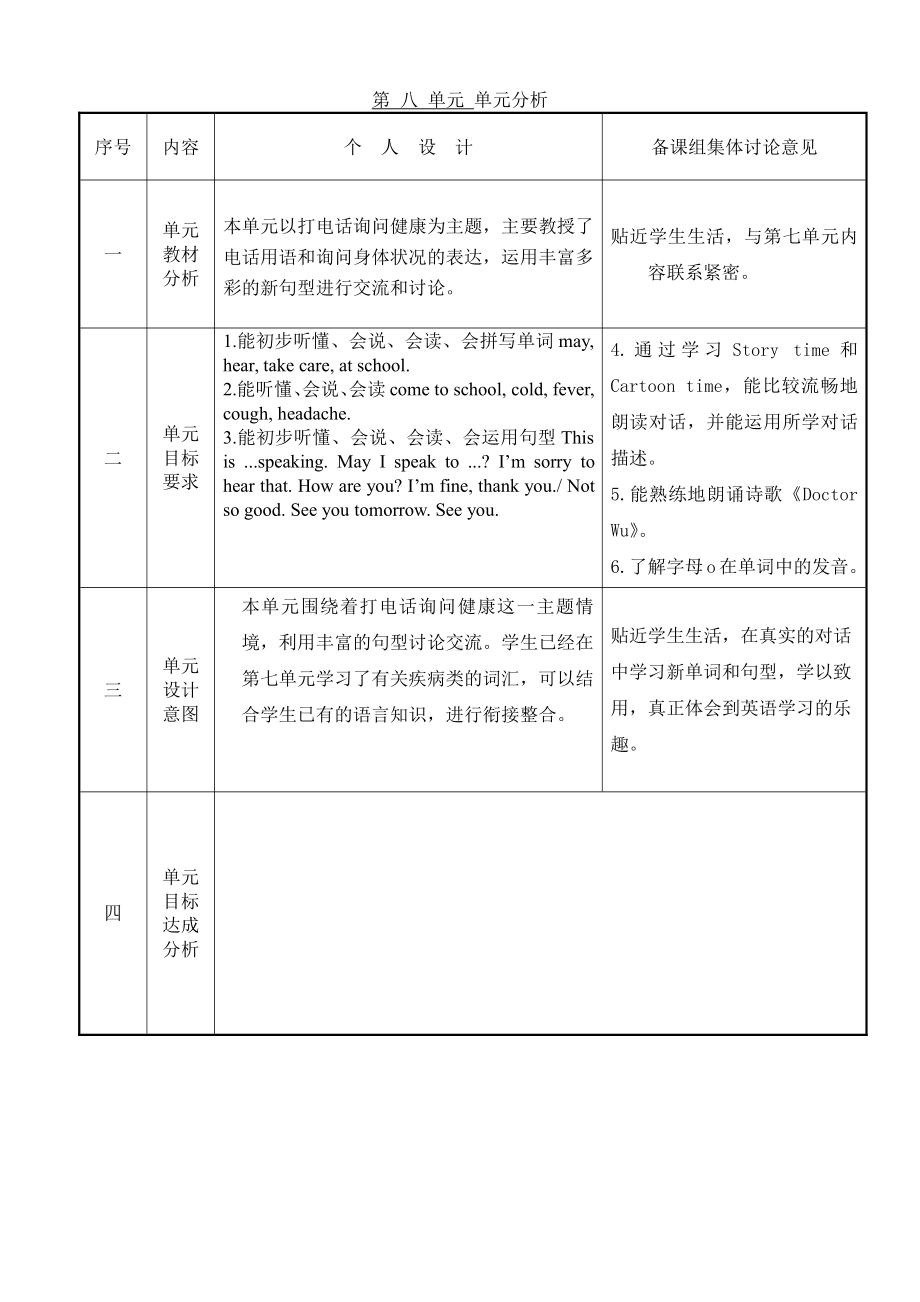 集体备课译林版四年级英语下册 第八单元分析+四个课时教案.doc_第1页