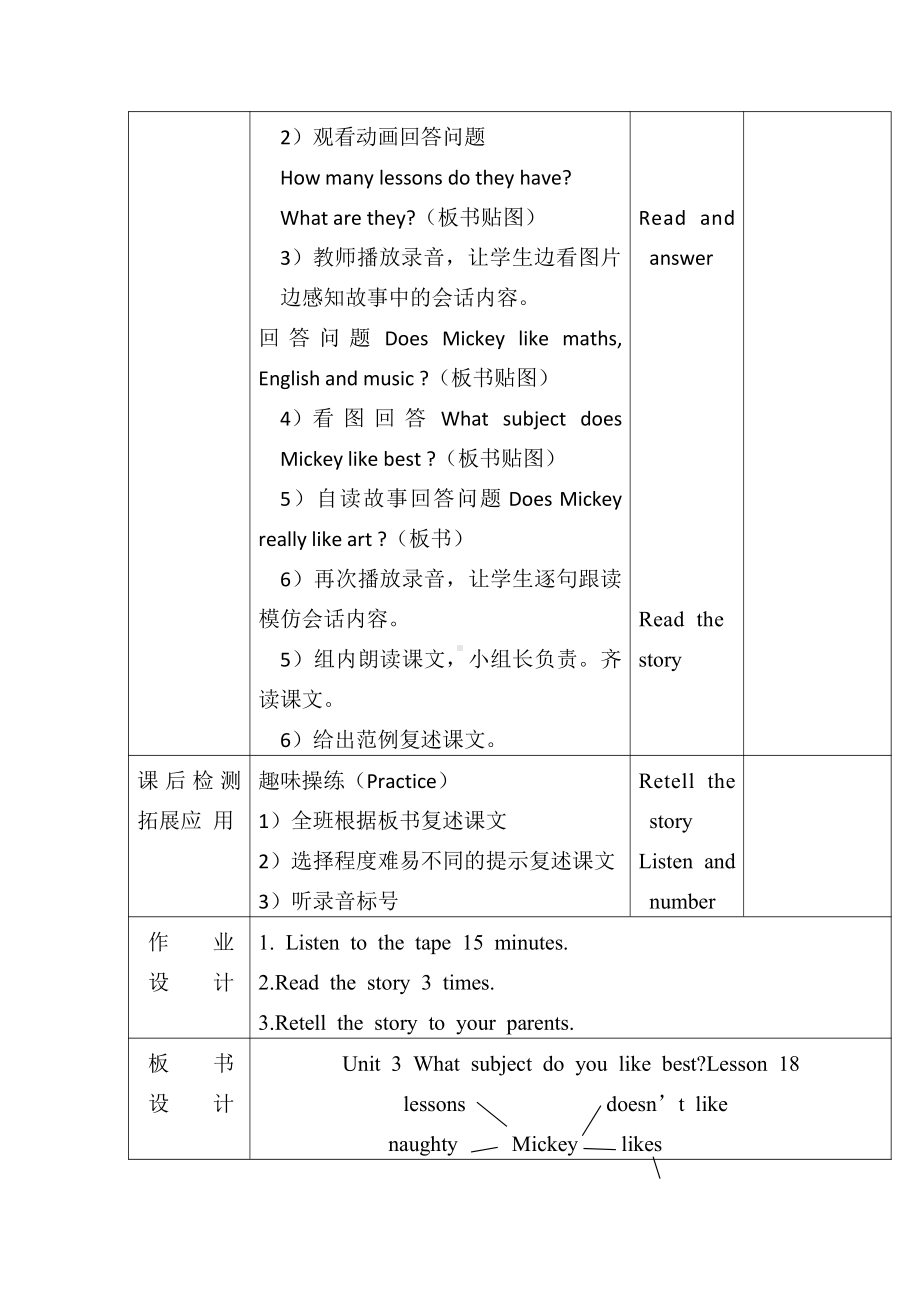 人教精通版四下Unit 3 What subject do you like best -Lesson 18-教案、教学设计--(配套课件编号：411ca).doc_第2页