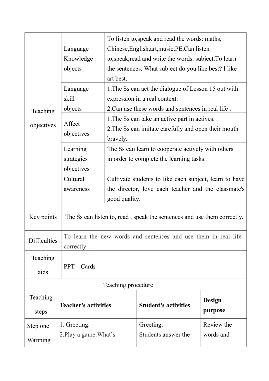 人教精通版四下Unit 3 What subject do you like best -Lesson 15-教案、教学设计-市级优课-(配套课件编号：70492).doc_第1页