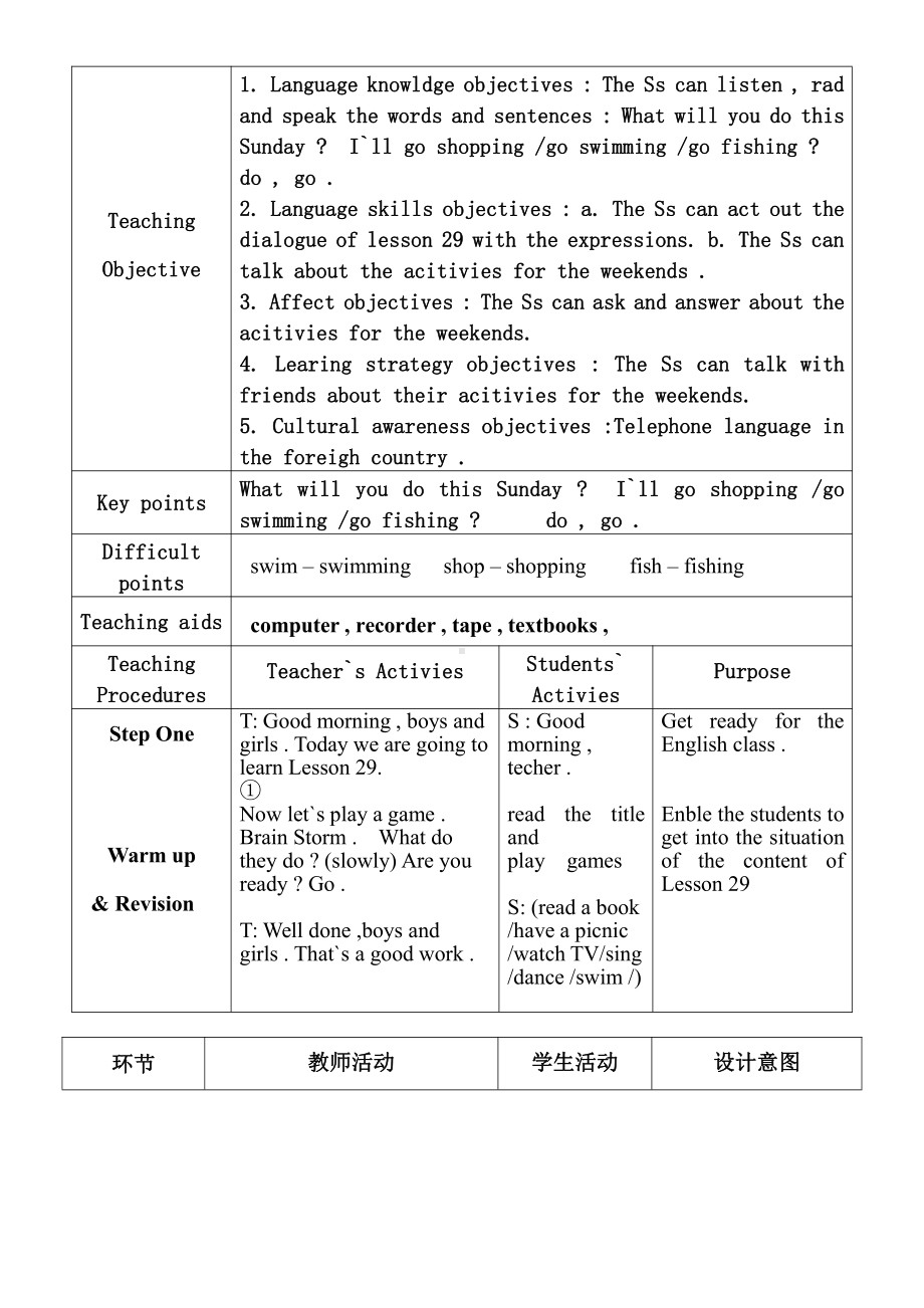 人教精通版四下Unit 5 What will you do this weekend -Lesson 29-教案、教学设计--(配套课件编号：20028).doc_第1页