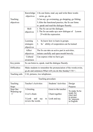 人教精通版四下Unit 5 What will you do this weekend -Lesson 29-教案、教学设计--(配套课件编号：6067f).doc