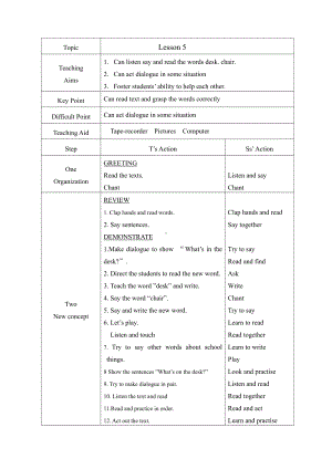 人教精通版四下Unit 1 Welcome to my new home!-Lesson 5-教案、教学设计--(配套课件编号：805df).doc