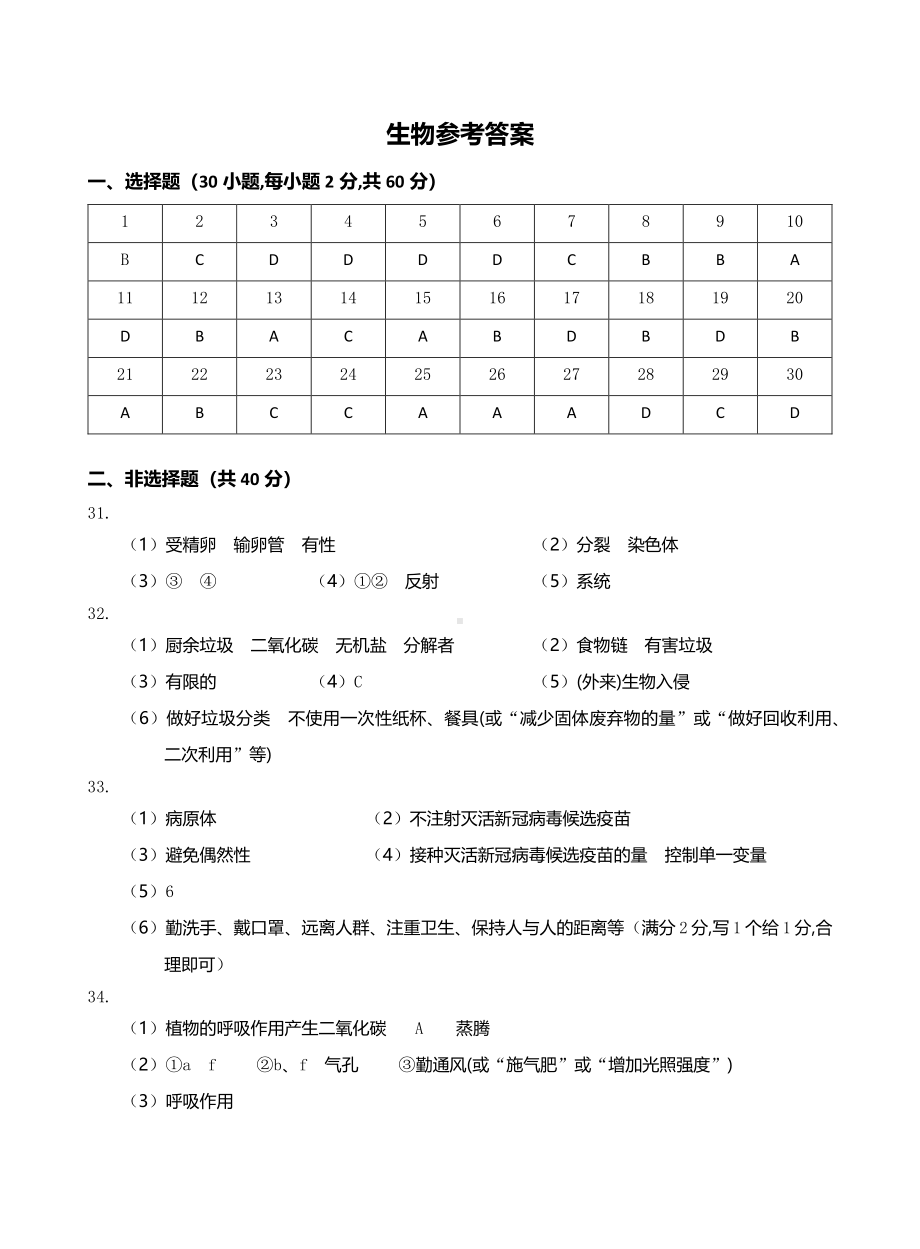 2021广东中考精选卷 生物参考答案.pdf_第1页