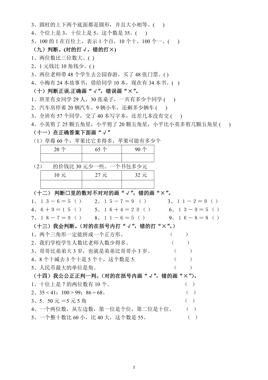 小学数学人教版一年级下册《判断题》专项练习.docx_第2页