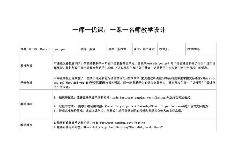 人教pep版六年级下册英语Unit 3 Where did you go -Part A-教案、教学设计-省级优课-(配套课件编号：401c9).doc_第1页