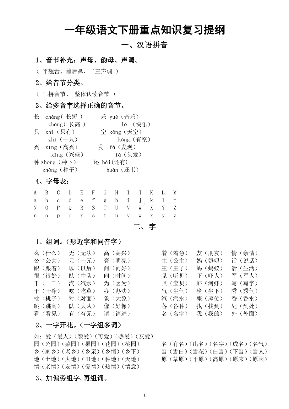 小学语文部编版一年级下册《重点知识》复习提纲（拼音、生字、词语）（直接打印每生一份复习用）.docx_第1页