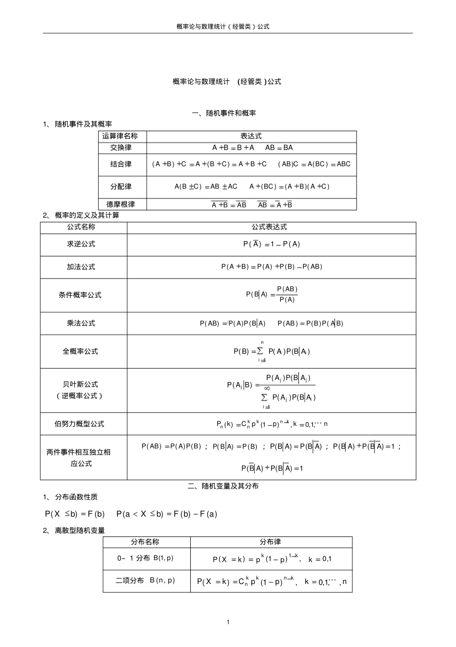 自考概率论与数理统计(经管类)公式.pdf_第1页