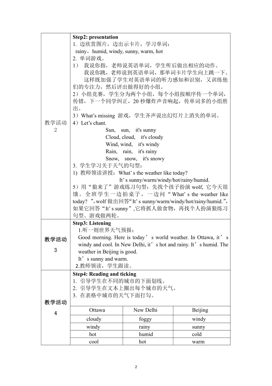 湘鲁版四年级下册Unit 4 What's the weather like -Section B-教案、教学设计--(配套课件编号：20697).docx_第2页