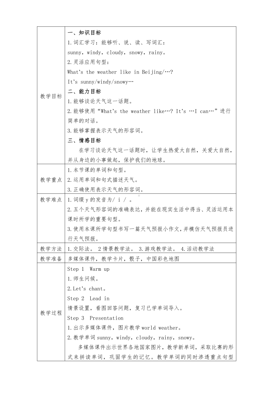 湘鲁版四年级下册Unit 4 What's the weather like -Section B-教案、教学设计--(配套课件编号：4090f).doc_第1页