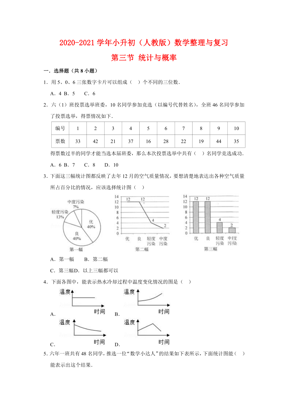 （提升专项） 整理与复习第三节统计与概率-2020-2021学年六年级下册（人教版）数学复习提升专项（含答案）（二）.doc_第1页