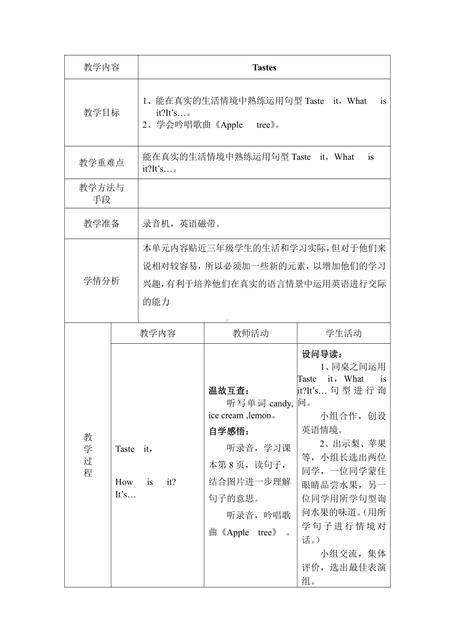 沪教版三下-Module 1 Using my five senses-2 Tastes-教案、教学设计--(配套课件编号：311d4).doc_第1页