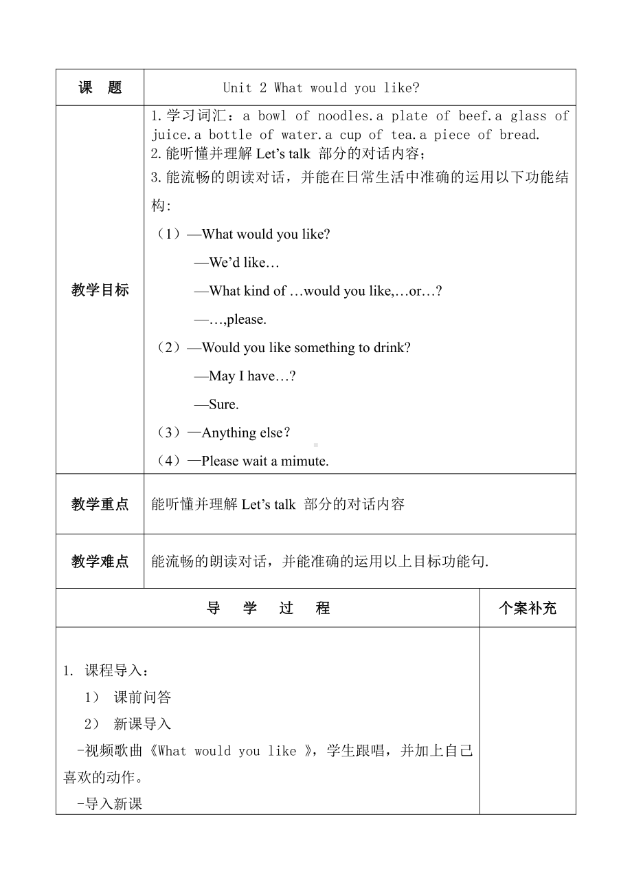 陕旅版六年级下册英语Unit 2 What Would You Like -Part A-教案、教学设计-公开课-(配套课件编号：00393).doc_第1页